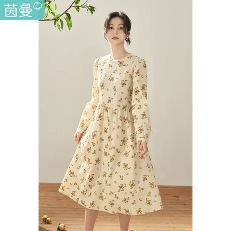 茵曼秋女装新款植物植绒印花提花面料长袖连衣裙A字裙图片