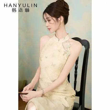 法式连衣裙2025新款女夏季小众设计中长款气质蝴蝶印花挂脖式裙子图片