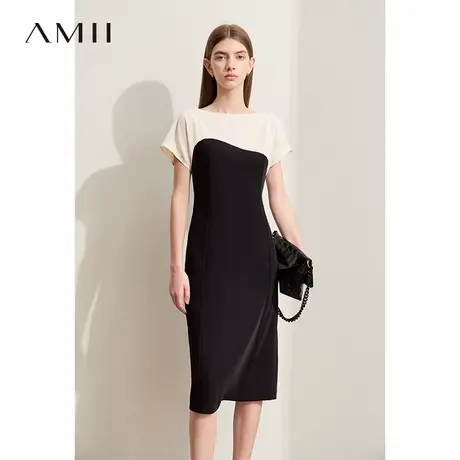 Amii2025夏新款优雅通勤一字领撞色拼接连衣裙女修身显瘦收腰裙子图片