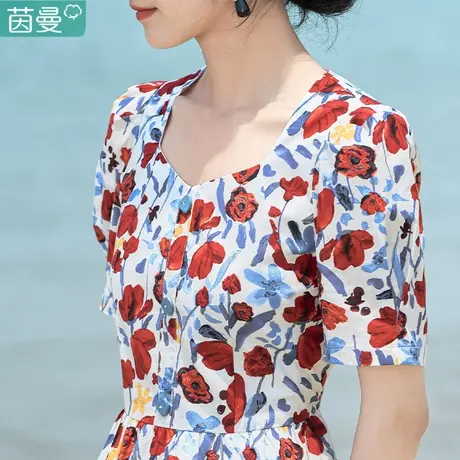 茵曼官方旗舰店复古碎花连衣裙女2023夏季新款方领泡泡袖裙子长裙图片