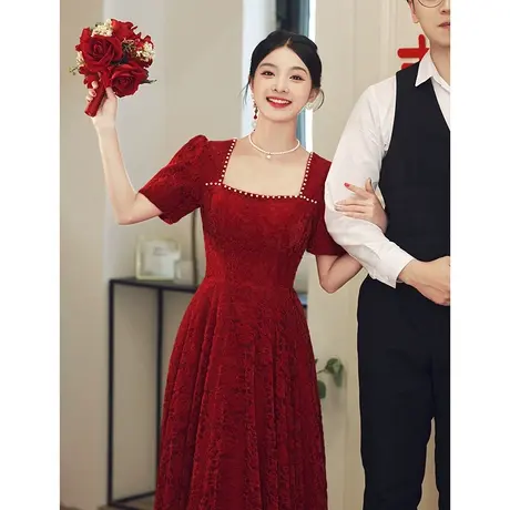 蕾丝敬酒服2023新款新娘女夏季高级感法式结婚订婚礼服连衣裙钉珠图片
