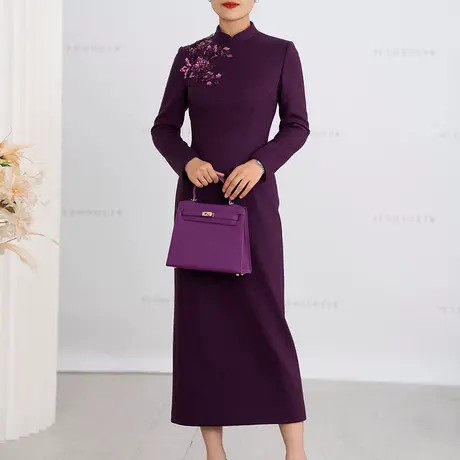 新中式国风连衣裙女2024年冬季新款时尚气质端庄立领修身羊毛裙子图片