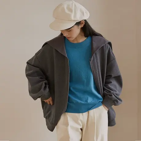 omont蛋挞家 复古连帽卫衣女秋冬设计感休闲宽松oversize上衣外套图片