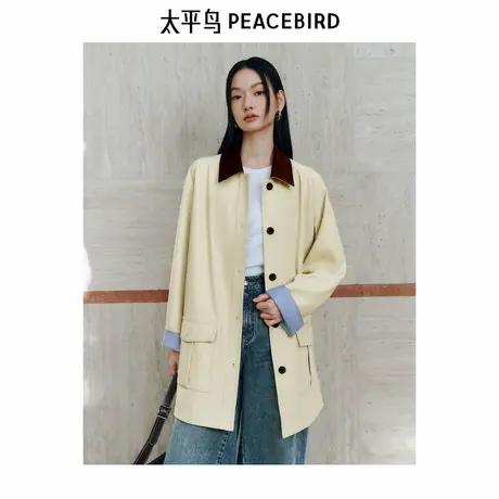 太平鸟拼皮翻领巴恩风风衣外套女廓形猎装风2025春新款小个子风衣图片