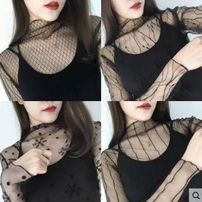 秋冬性感网纱长袖上衣时尚百搭半高领修身内搭女士透视蕾丝打底衫图片