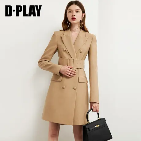 DPLAY德帕拉秋装新款卡其色通勤OL双排扣西装收腰显瘦复古连衣裙图片