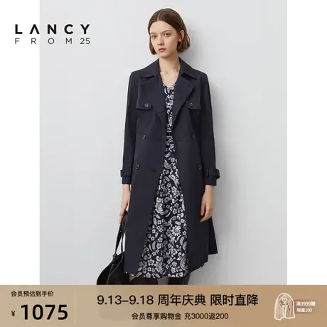 朗姿女士中长款蓝色风衣外套春夏新款休闲收腰大衣外套商场同款图片