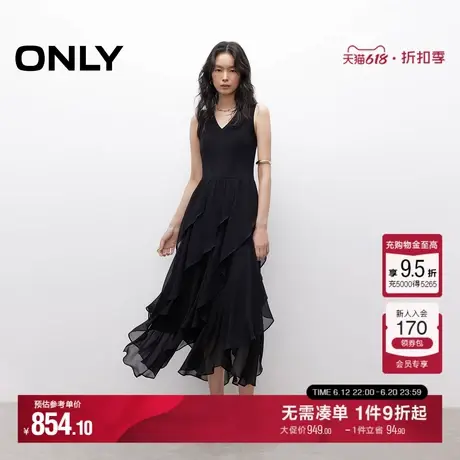 ONLY2025夏季新款浪漫法式荷叶下摆V领修身长裙无袖黑色连衣裙女图片