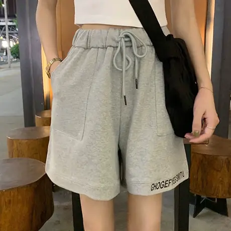 cec灰色短裤女夏五分裤bf休闲运动宽松阔腿松紧抽绳韩国纯棉超火图片