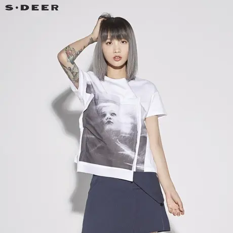sdeer 圣迪奥 女装休闲宽松人像印花短袖T恤S18280156图片