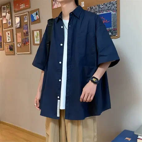 夏季薄款男士短袖衬衫休闲痞帅五分半袖衬衣港风宽松纯色百搭外套图片
