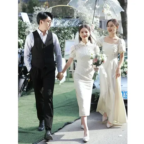 白色旗袍2024年新款高级感登记领证小白裙订婚礼服连衣裙夏季蕾丝图片