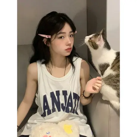 纯棉吊带运动坎肩背心无袖t恤女夏季设计感小众外穿宽松挂脖上衣图片