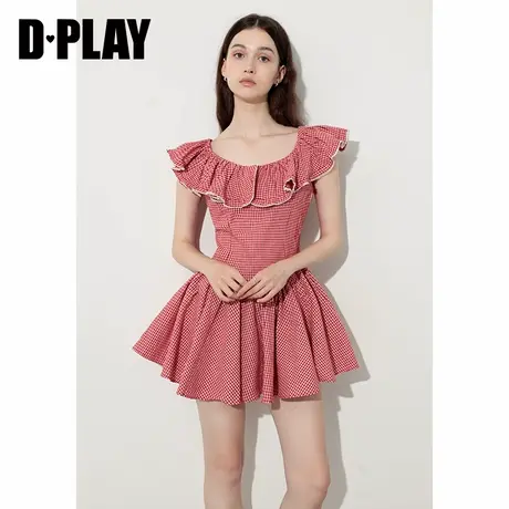 DPLAY2025年夏季新款红色格纹蕾丝花边收腰连衣裙法式甜美短裙女图片