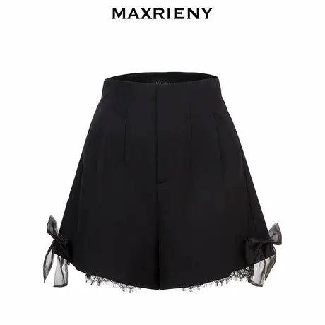 【奥莱】MAXRIENY欧根纱蝴蝶结短裤夏黑色高腰微喇休闲裤图片