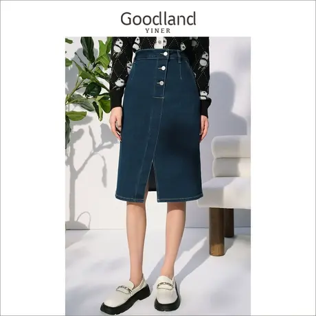 代退-音儿美地女装2022冬季新款高腰显瘦中长款开叉牛仔半身裙图片