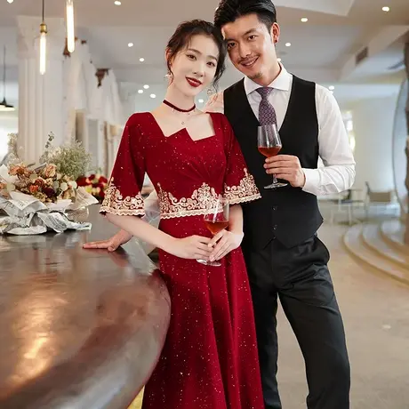 中式敬酒服新娘女夏季结婚红色礼服刺绣小个子中长款回门服答谢宴图片