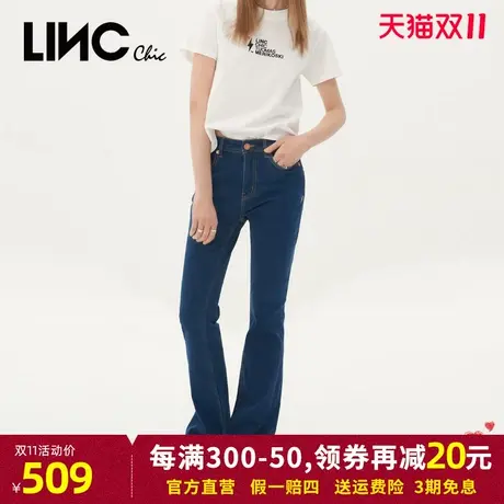LINC金羽杰牛仔裤女2023秋季新款复古蓝色中高腰女士喇叭裤长裤图片