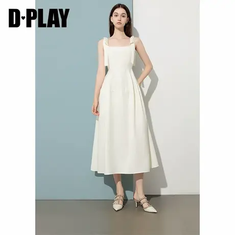 DPLAY2025年夏季新款白色U领蝴蝶结收腰吊带连衣裙简约气质长裙图片