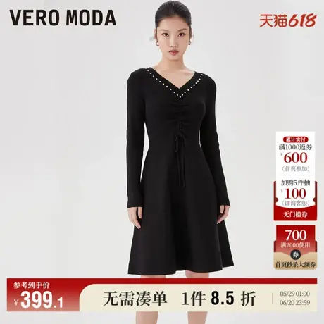 Vero Moda奥莱针织连衣裙子冬季清仓抽绳收腰V领长袖优雅气质中裙图片