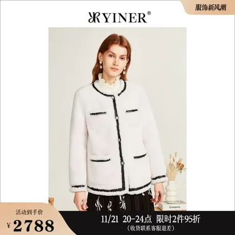 YINER音儿专选女装冬季时尚撞色皮革勾边保暖环保羊毛皮草外套图片