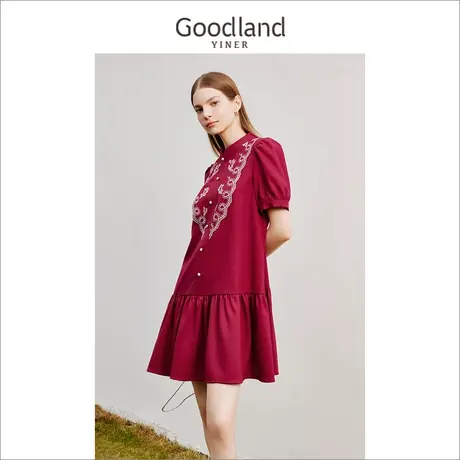 【醋酸系列】Goodland美地女装2023夏季立领绣花荷叶边连衣裙图片