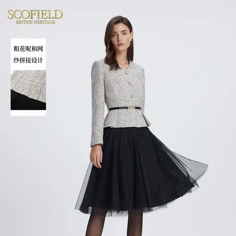Scofield女装奢雅V领粗花呢网纱拼接收腰A摆连衣裙2025春季新品图片