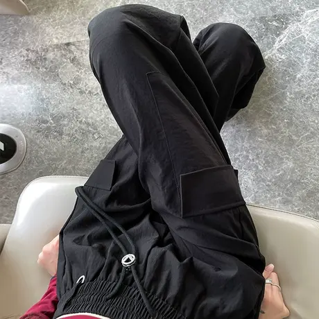 黑色美式九分工装裤女2024春秋新款高腰显瘦束脚直筒运动休闲裤子图片