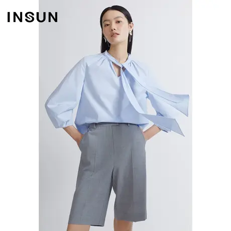 INSUN恩裳夏季纯棉飘带领泡泡袖衬衫图片