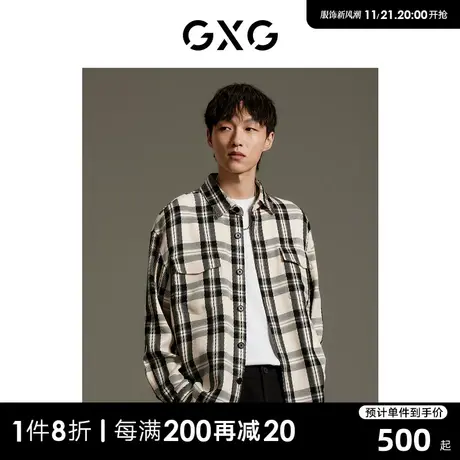 GXG男装商场同款黑白格纹小香风休闲弧形下摆衬衫外套GEX10313303图片