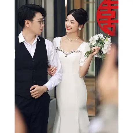 登记领证小白裙订婚礼服连衣裙女高端轻奢小众高级感夏季白色鱼尾图片
