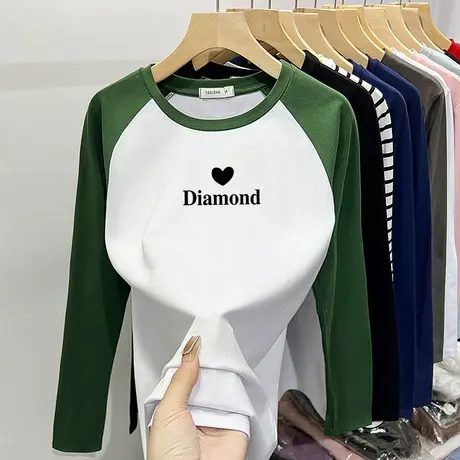 美式t恤女长袖高级感纯棉正肩打底衫内搭西装叠穿上衣设计感洋气商品大图