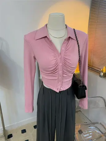 甜辣系~显身材很紧身褶皱性感坑条短开衫女春秋新款翻领打底衫韩图片