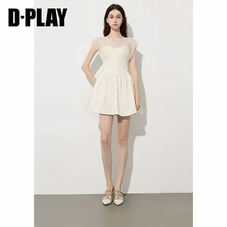 DPLAY2025年夏季新款白色圆领软纱拼接连衣裙女收腰优雅A字裙图片