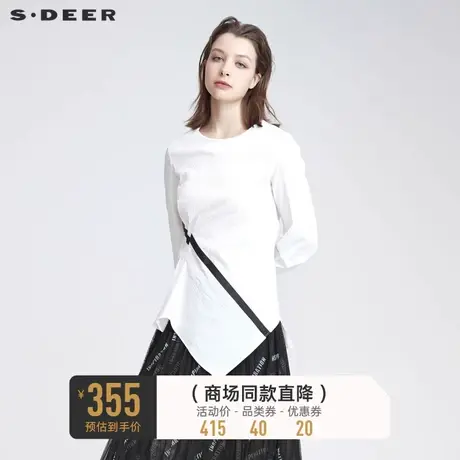 sdeer圣迪奥秋装休闲圆领抽褶印花不规则衬衫女S22180522图片