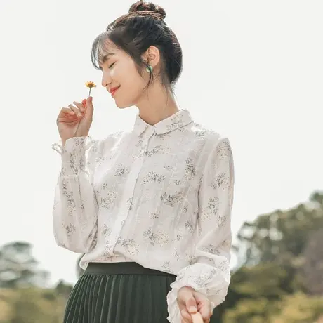 茵曼碎花衬衫女秋季法式百搭纯棉长袖印花衬衣外穿轻熟XL图片