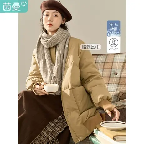 茵曼冬女装新款田园棒球领搭配流苏围巾罗纹长袖宽松羽绒服图片