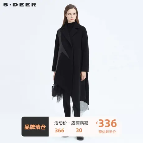 sdeer圣迪奥西装领网纱不规则拼接毛呢大衣女冬加厚S20481708图片
