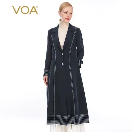 VOA重磅真丝30姆米藏青砂洗平驳领贝壳扣白绣花立裁桑蚕丝外套图片