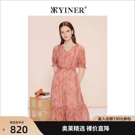 YINER音儿女装2023夏季新款V领泡泡袖收腰修身连衣裙图片