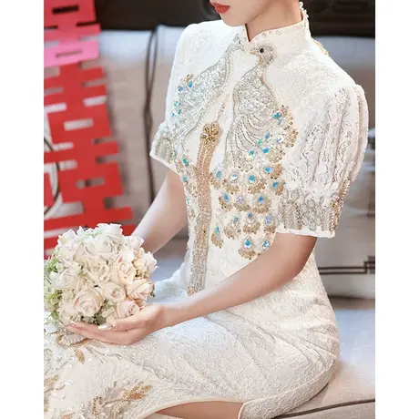 白色旗袍敬酒服2023新款新娘高级感蕾丝中式秀禾服夏季嫁衣轻婚纱图片