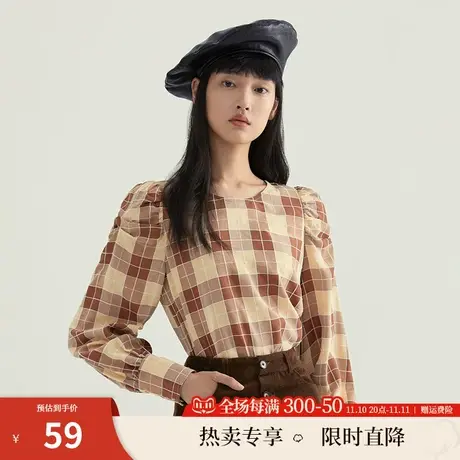茵曼早秋新款女设计感小众上衣法式复古文艺圆领格纹长袖衬衫图片