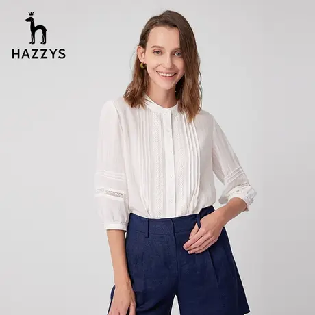 Hazzys哈吉斯春新款拼接蕾丝七分袖纯棉白衬衫女士新款设计感衬衣图片
