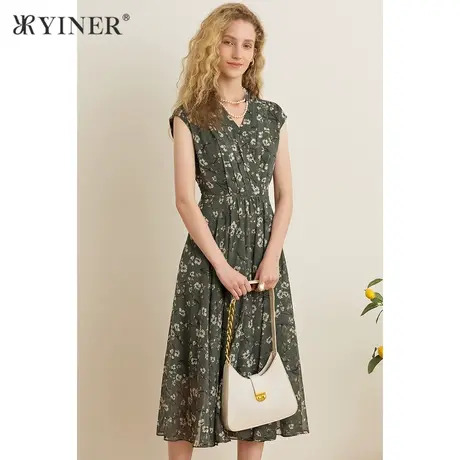 YINER音儿女装夏季V领收腰印花连衣裙图片