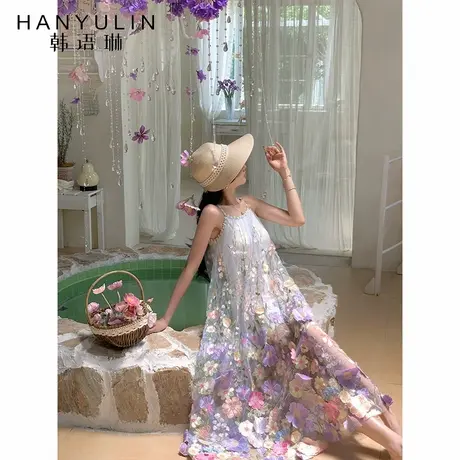 韩语琳 6/18 绝美立体花朵森系吊带长裙女2025浪漫度假仙气连衣裙图片