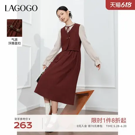 LAGOGO假两件优雅舒适质感连衣裙女拉谷谷春秋新款复古甜美A字裙图片
