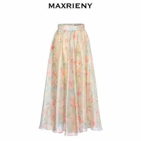 【奥莱】MAXRIENY复古油画花卉印花伞摆半裙欧根纱裙子图片