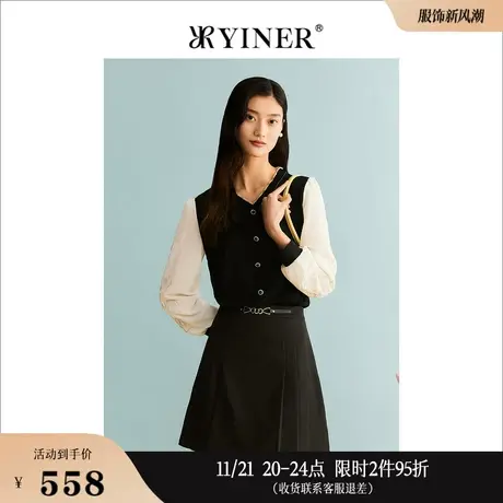 [假两件]YINER音儿专选女装秋季四平曲珠纱线绣花针织衫图片