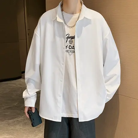 长袖衬衫男春夏休闲宽松原宿风白色衬衣港风潮牌潮流大码帅气外套图片