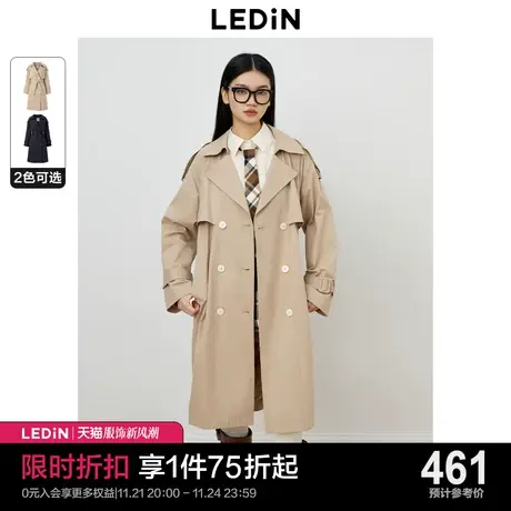 【断码清仓】乐町英伦风双排扣风衣女秋季卡其色休闲中长款外套图片